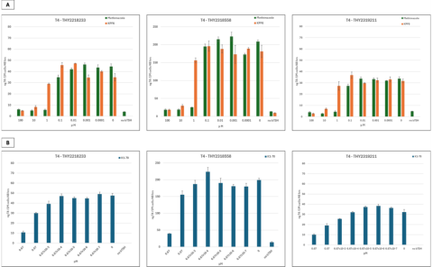 Figure 4: Normalized T4 levels (ng/106 cells/48 hrs) obtained for each thyrocyte donor lot when treated with (A) 100 – 0.0001 μM of small compounds methimazole and KFP6, and (B) 0.667 – 6.67x10-7 μM TSHR antibody K1-70 along with vehicle controls (0 μM) and no bTSH controls.